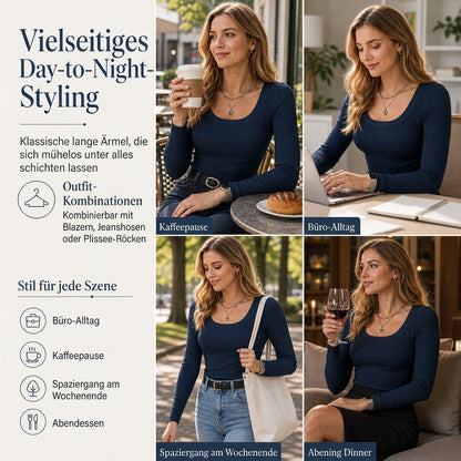 Damen Rippstrick-T-Shirt mit quadratischem Ausschnitt, langen Ärmeln und schmaler Passform