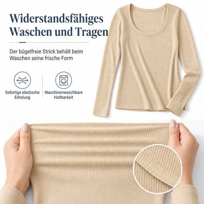 Damen Rippstrick-T-Shirt mit quadratischem Ausschnitt, langen Ärmeln und schmaler Passform