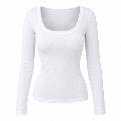 Damen Rippstrick-T-Shirt mit quadratischem Ausschnitt, langen Ärmeln und schmaler Passform