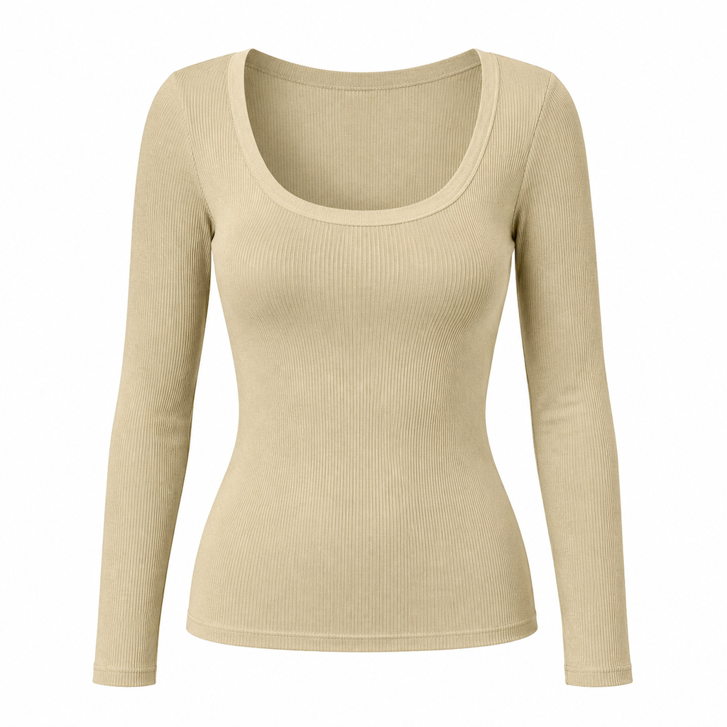 Damen Rippstrick-T-Shirt mit quadratischem Ausschnitt, langen Ärmeln und schmaler Passform