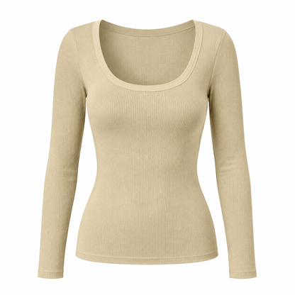 Damen Rippstrick-T-Shirt mit quadratischem Ausschnitt, langen Ärmeln und schmaler Passform