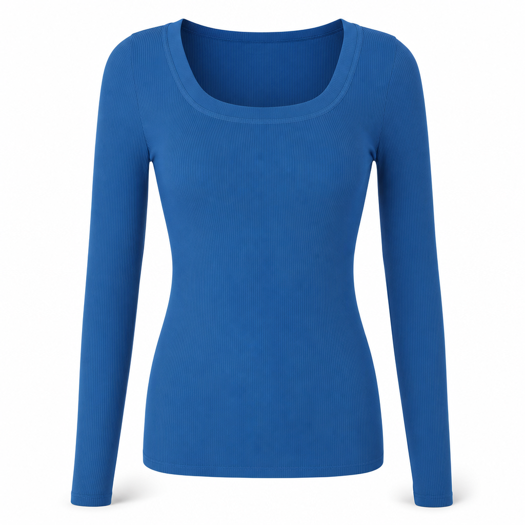 Damen Rippstrick-T-Shirt mit quadratischem Ausschnitt, langen Ärmeln und schmaler Passform