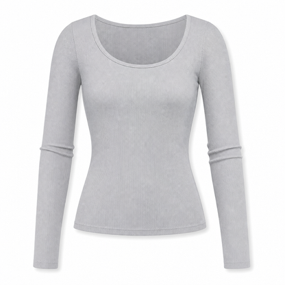 Damen Rippstrick-T-Shirt mit quadratischem Ausschnitt, langen Ärmeln und schmaler Passform