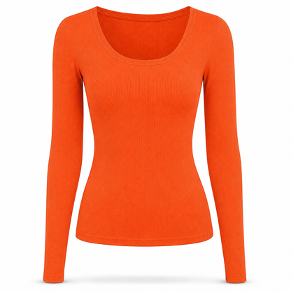 Damen Rippstrick-T-Shirt mit quadratischem Ausschnitt, langen Ärmeln und schmaler Passform