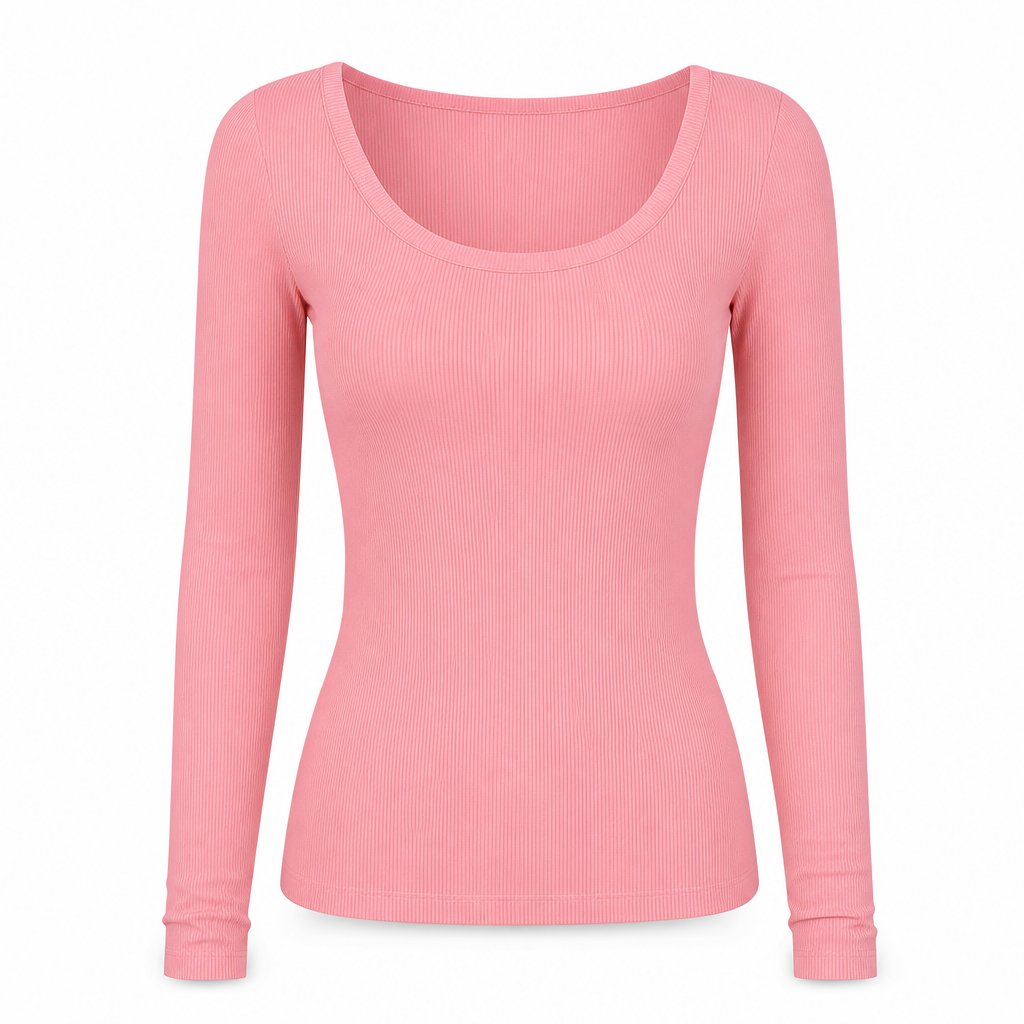 Damen Rippstrick-T-Shirt mit quadratischem Ausschnitt, langen Ärmeln und schmaler Passform