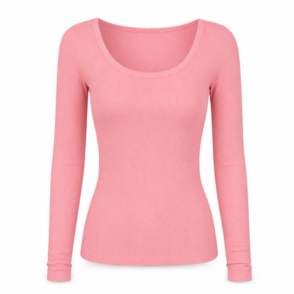 Damen Rippstrick-T-Shirt mit quadratischem Ausschnitt, langen Ärmeln und schmaler Passform