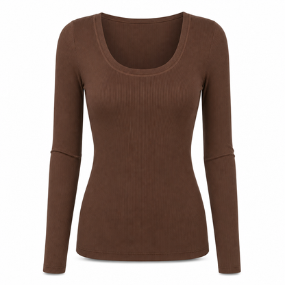 Damen Rippstrick-T-Shirt mit quadratischem Ausschnitt, langen Ärmeln und schmaler Passform