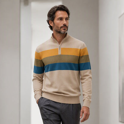 🔥Trending! Jetzt zugreifen!🔥 Lässiger Herren-Strickpullover mit schmaler Passform und halbem Reißverschluss sowie Streifenmuster