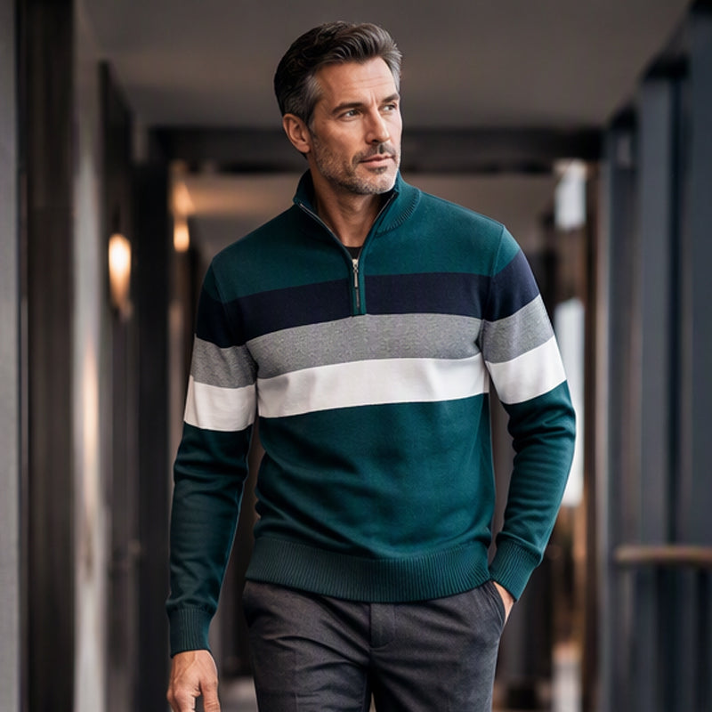 🔥Trending! Jetzt zugreifen!🔥 Lässiger Herren-Strickpullover mit schmaler Passform und halbem Reißverschluss sowie Streifenmuster