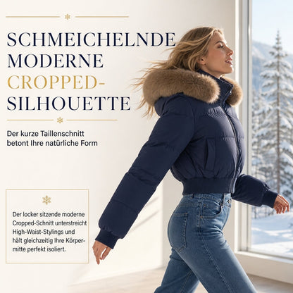 Kurze gepolsterte Winterkapuzenjacke für Damen mit Pelzkragen