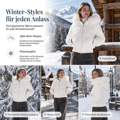 Kurze gepolsterte Winterkapuzenjacke für Damen mit Pelzkragen