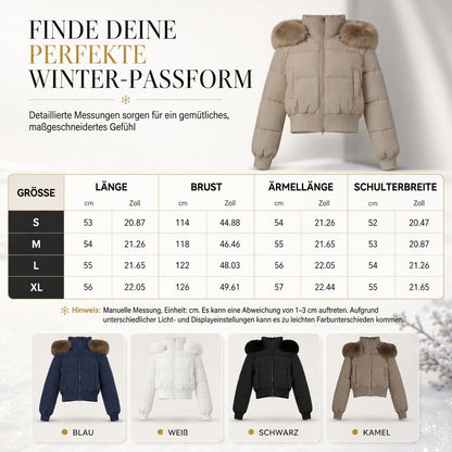 Kurze gepolsterte Winterkapuzenjacke für Damen mit Pelzkragen