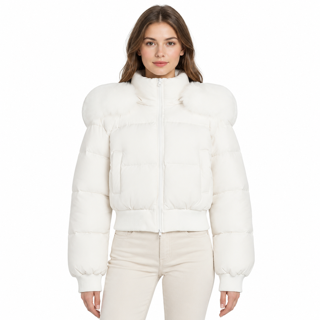 Kurze gepolsterte Winterkapuzenjacke für Damen mit Pelzkragen