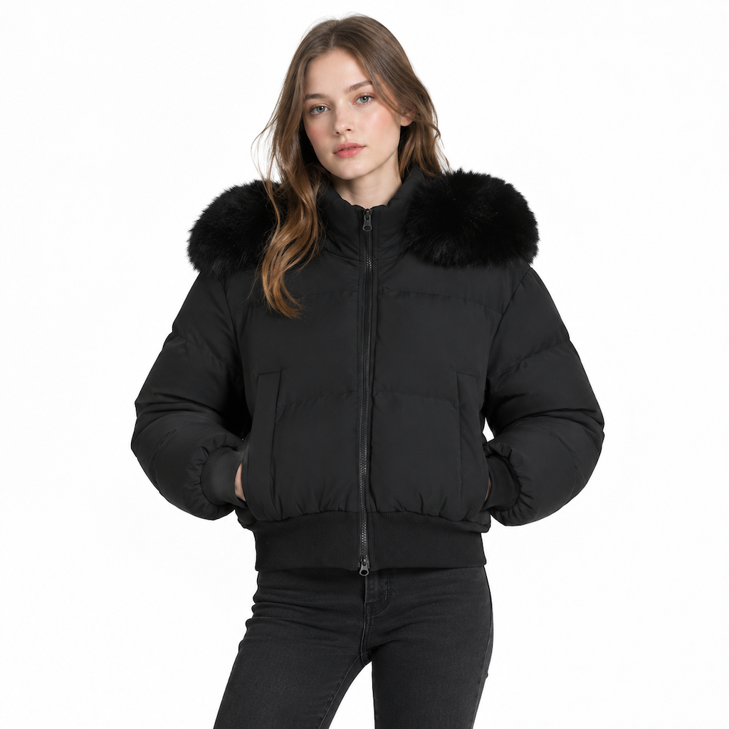 Kurze gepolsterte Winterkapuzenjacke für Damen mit Pelzkragen