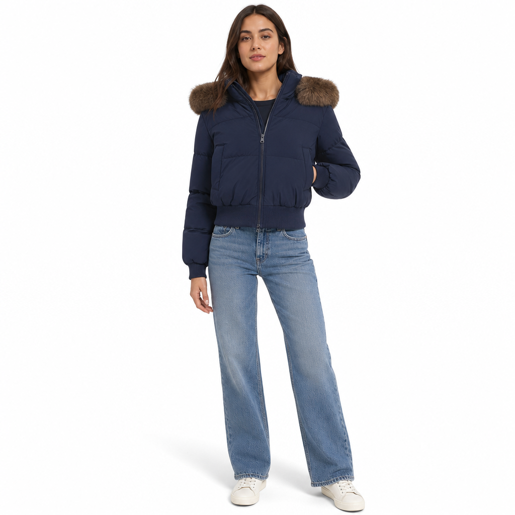 Kurze gepolsterte Winterkapuzenjacke für Damen mit Pelzkragen