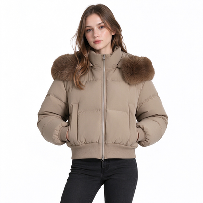 Kurze gepolsterte Winterkapuzenjacke für Damen mit Pelzkragen