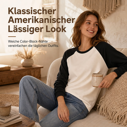 Damen Lockeres Casual Rundhals Langarm T-Shirt Farbblock Pullover Oberteil