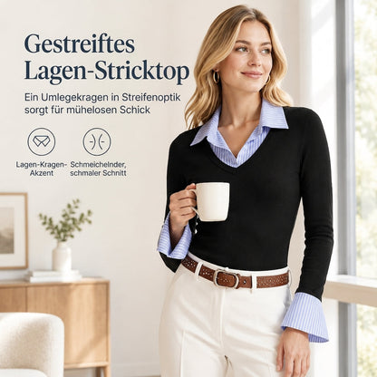 Damen Streifenimitat Zweiteiler Langarm Strickpullover Preppy-Stil Schmaler Passform Pullover-Oberteil