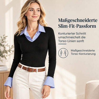 Damen Streifenimitat Zweiteiler Langarm Strickpullover Preppy-Stil Schmaler Passform Pullover-Oberteil