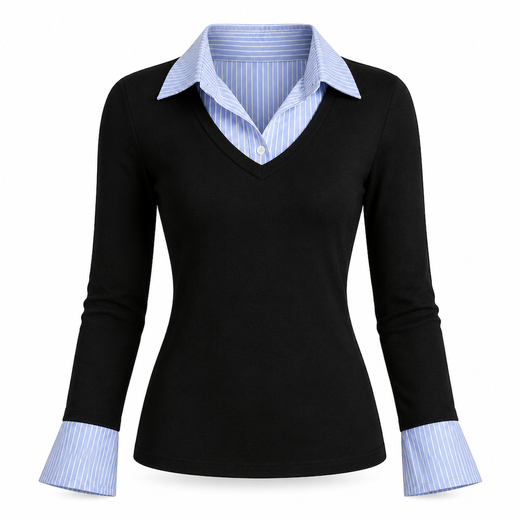 Damen Streifenimitat Zweiteiler Langarm Strickpullover Preppy-Stil Schmaler Passform Pullover-Oberteil
