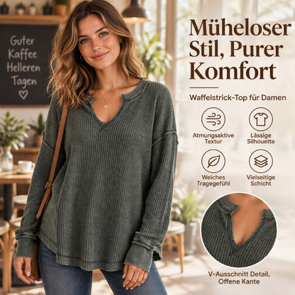 Damen-Waffelstrick Langarmshirt mit V-Ausschnitt