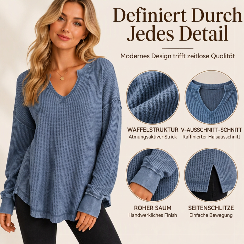 Damen-Waffelstrick Langarmshirt mit V-Ausschnitt
