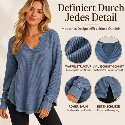 Damen-Waffelstrick Langarmshirt mit V-Ausschnitt