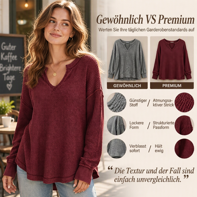Damen-Waffelstrick Langarmshirt mit V-Ausschnitt
