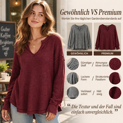 Damen-Waffelstrick Langarmshirt mit V-Ausschnitt
