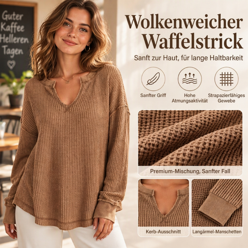 Damen-Waffelstrick Langarmshirt mit V-Ausschnitt