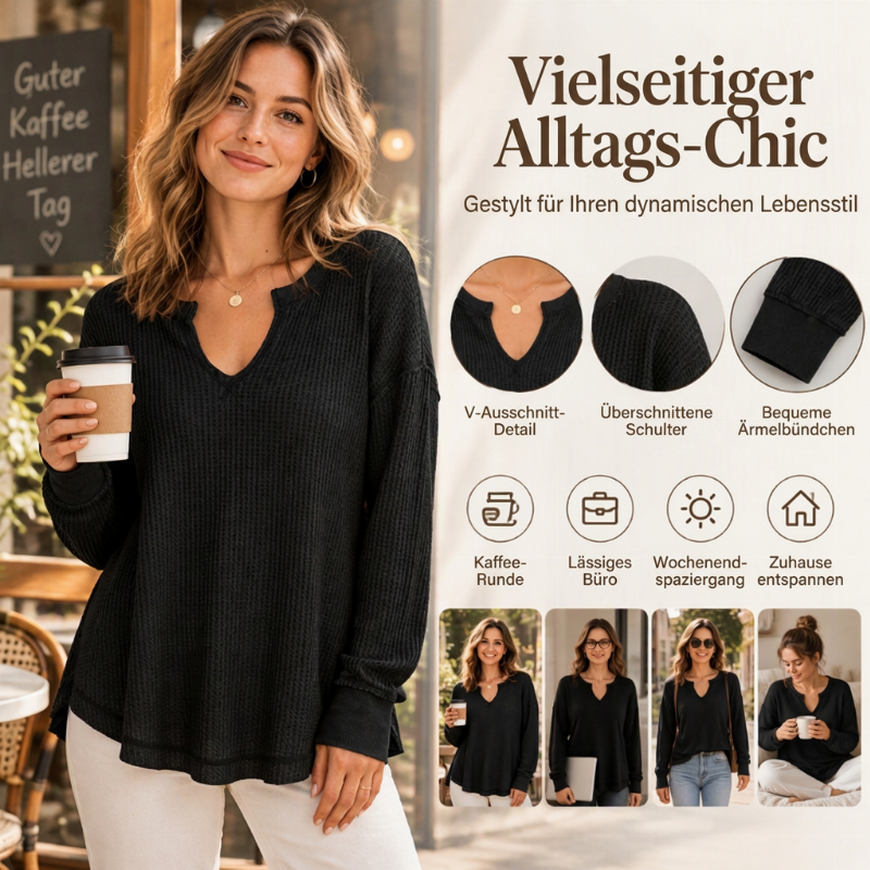 Damen-Waffelstrick Langarmshirt mit V-Ausschnitt
