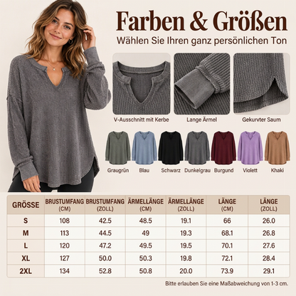 Damen-Waffelstrick Langarmshirt mit V-Ausschnitt
