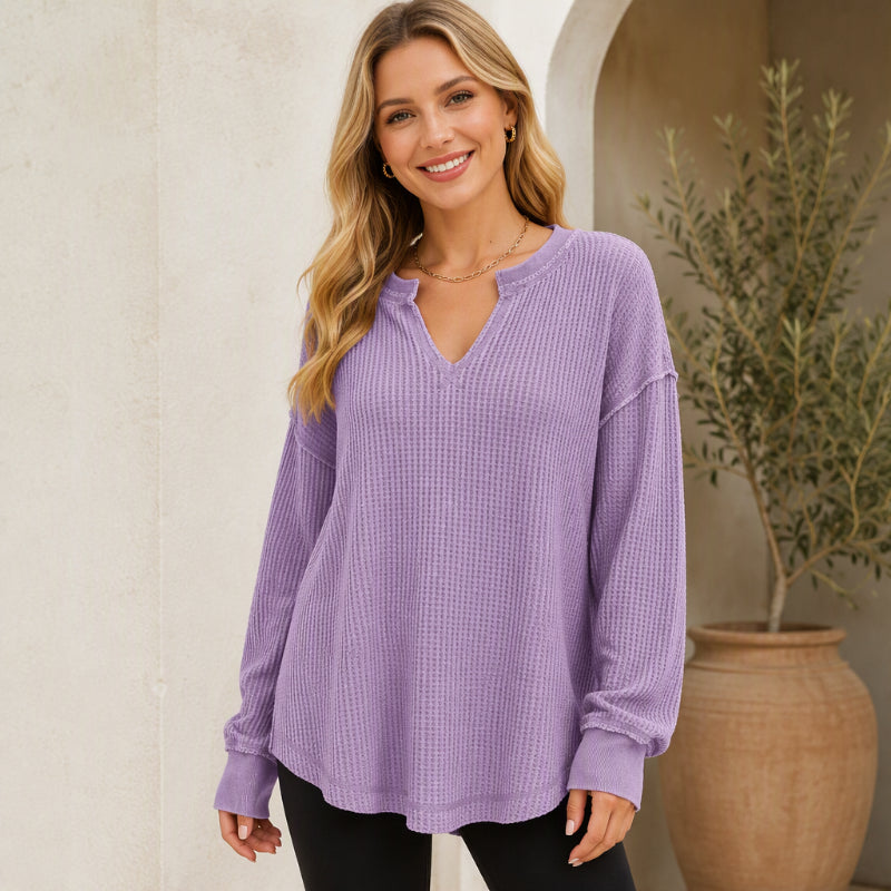 Damen-Waffelstrick Langarmshirt mit V-Ausschnitt