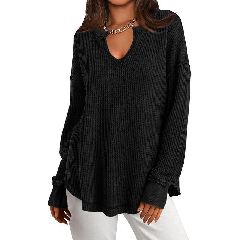 Damen-Waffelstrick Langarmshirt mit V-Ausschnitt