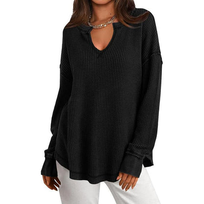 Damen-Waffelstrick Langarmshirt mit V-Ausschnitt