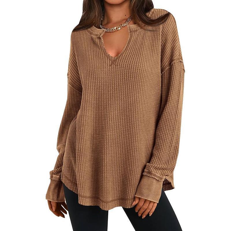 Damen-Waffelstrick Langarmshirt mit V-Ausschnitt