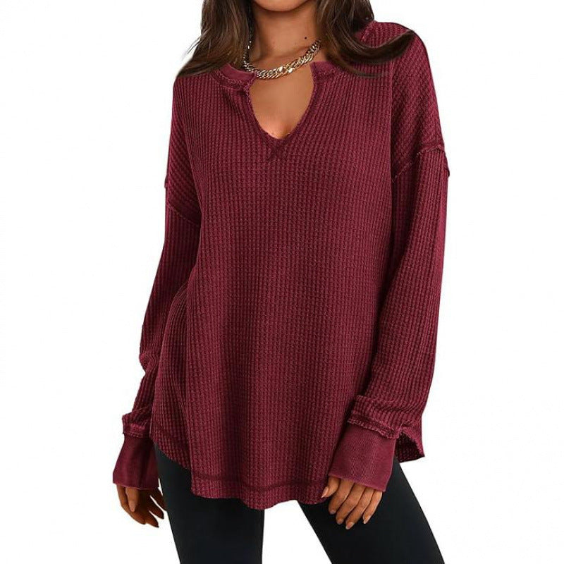 Damen-Waffelstrick Langarmshirt mit V-Ausschnitt