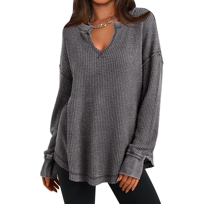 Damen-Waffelstrick Langarmshirt mit V-Ausschnitt