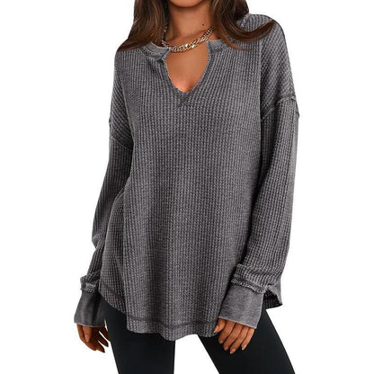 Damen-Waffelstrick Langarmshirt mit V-Ausschnitt
