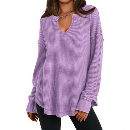 Damen-Waffelstrick Langarmshirt mit V-Ausschnitt