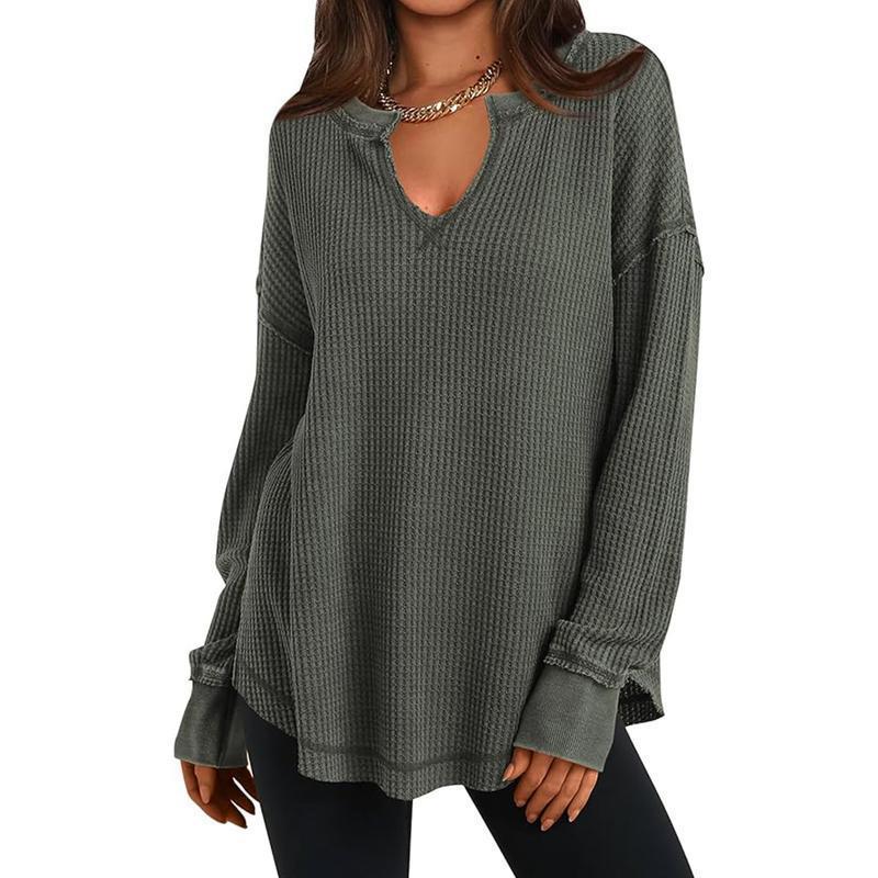 Damen-Waffelstrick Langarmshirt mit V-Ausschnitt