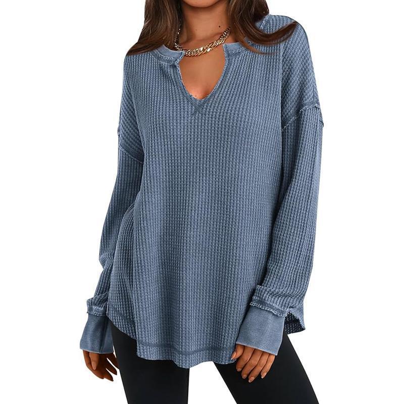 Damen-Waffelstrick Langarmshirt mit V-Ausschnitt