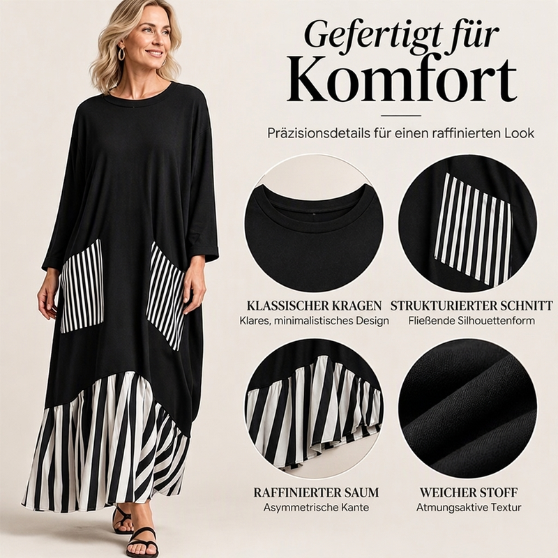 👗Damen Maxikleid mit Streifen-Patchwork und langen Ärmeln👗