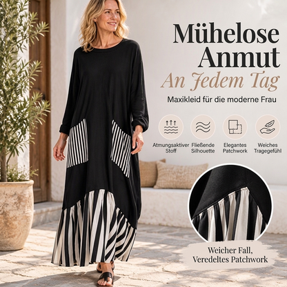 👗Damen Maxikleid mit Streifen-Patchwork und langen Ärmeln👗