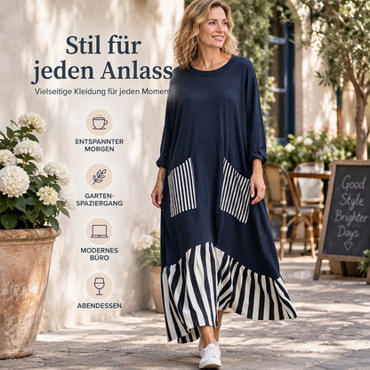 👗Damen Maxikleid mit Streifen-Patchwork und langen Ärmeln👗