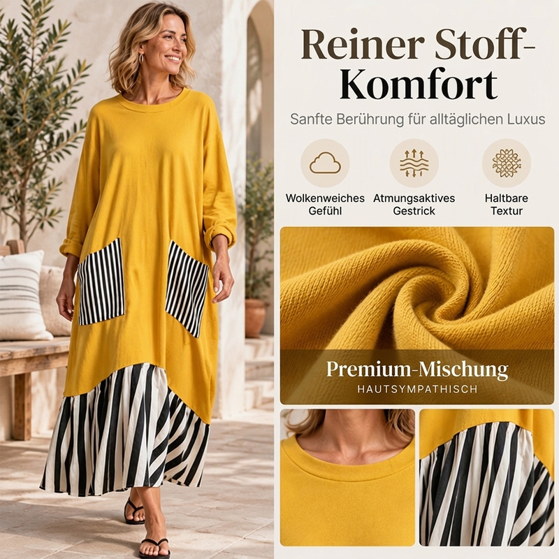👗Damen Maxikleid mit Streifen-Patchwork und langen Ärmeln👗