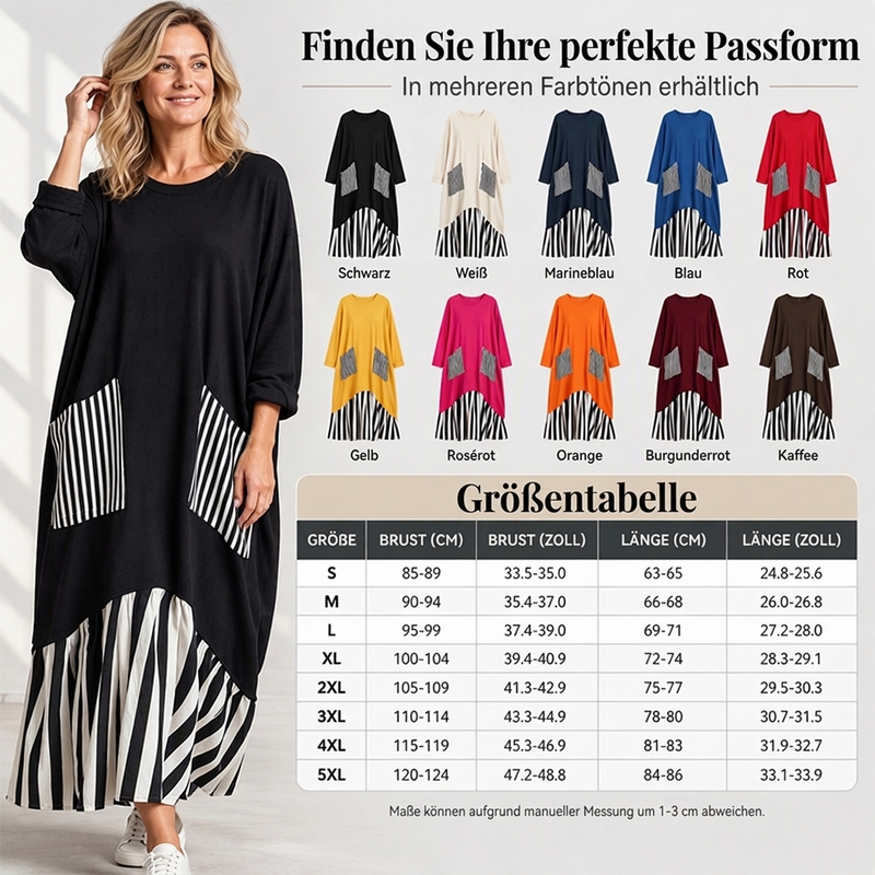 👗Damen Maxikleid mit Streifen-Patchwork und langen Ärmeln👗