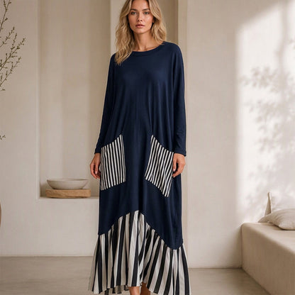 👗Damen Maxikleid mit Streifen-Patchwork und langen Ärmeln👗