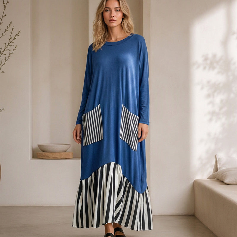 👗Damen Maxikleid mit Streifen-Patchwork und langen Ärmeln👗