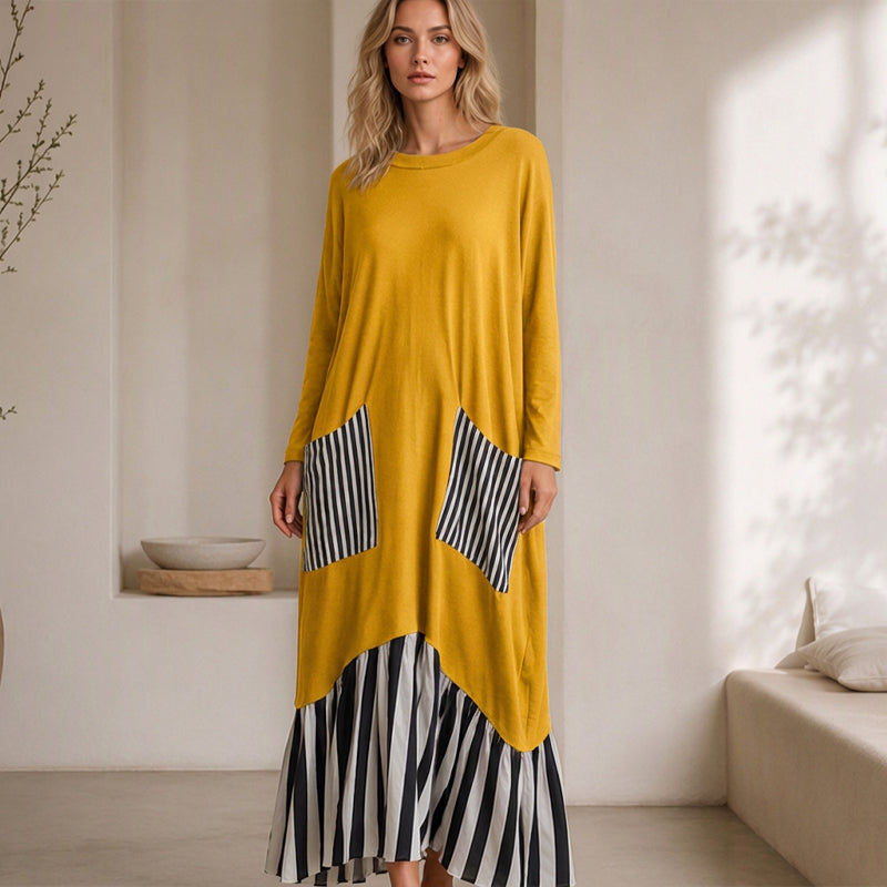 👗Damen Maxikleid mit Streifen-Patchwork und langen Ärmeln👗